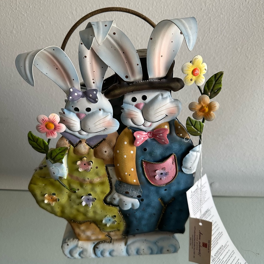 Home Interior Spring Mr and Mrs Rabbit Tea Light Lantern 11”x8”
